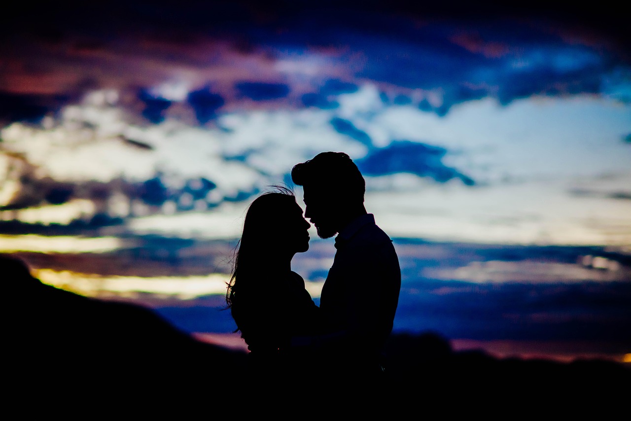 kiss, couple, love, kissing, romance, romantic, lovers, night sky, dating, nature, together, hug, sky, clouds, fantasy, sunset, evening, surreal, night, silhouette