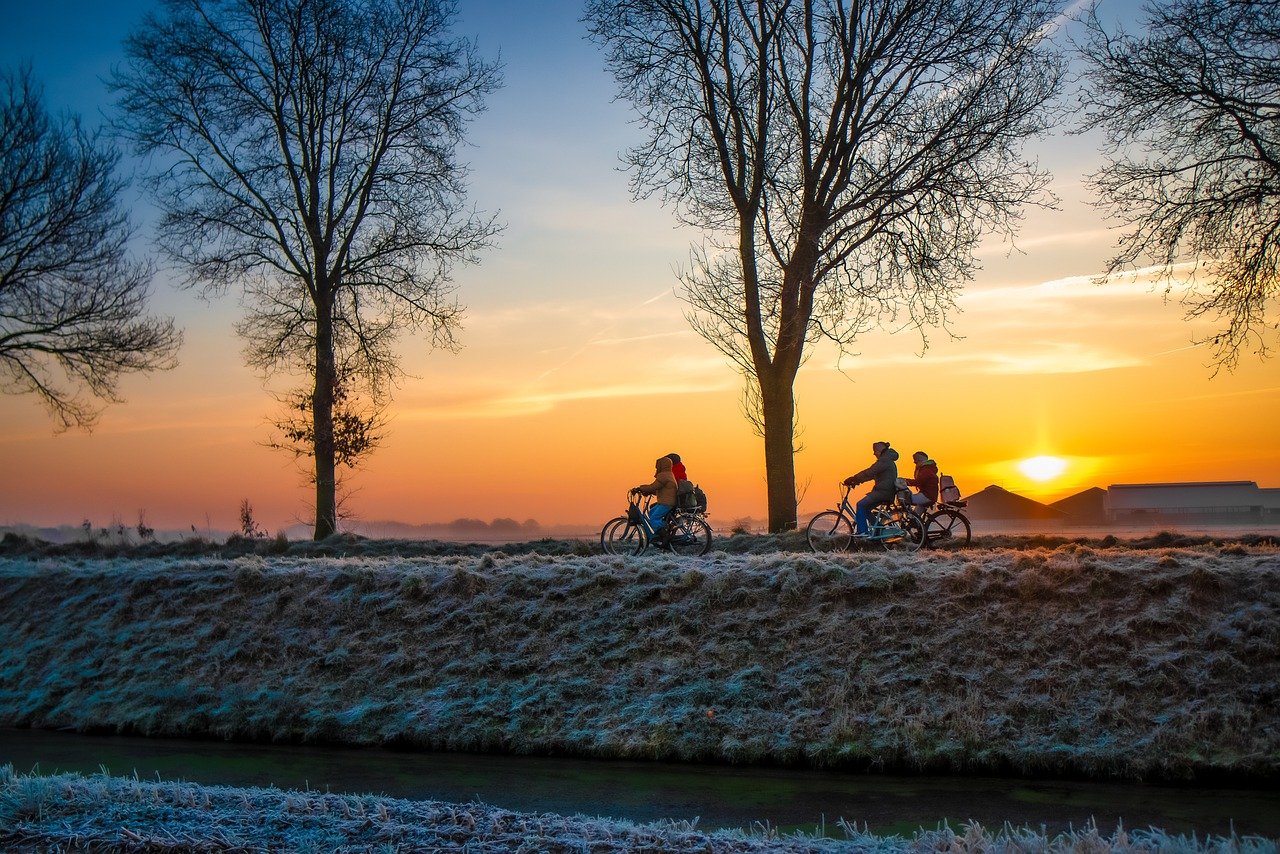 cycling, students, sunrise, netherlands, nature, landscape