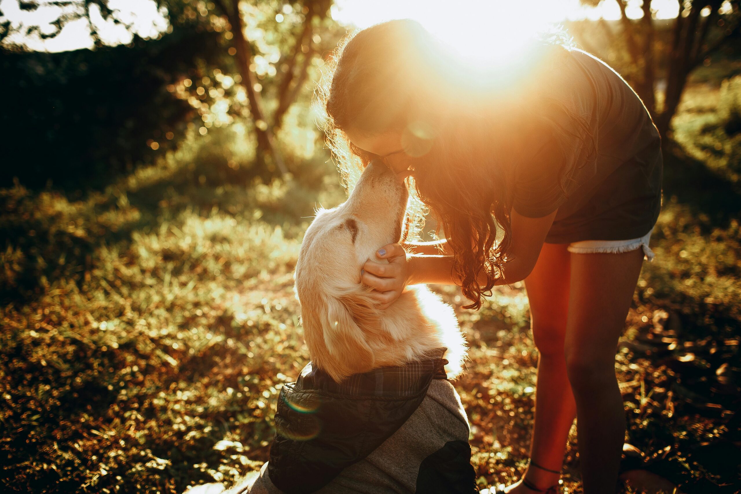 A woman affectionately leans in to kiss her golden retriever outdoors during sunset, creating a warm and serene moment.