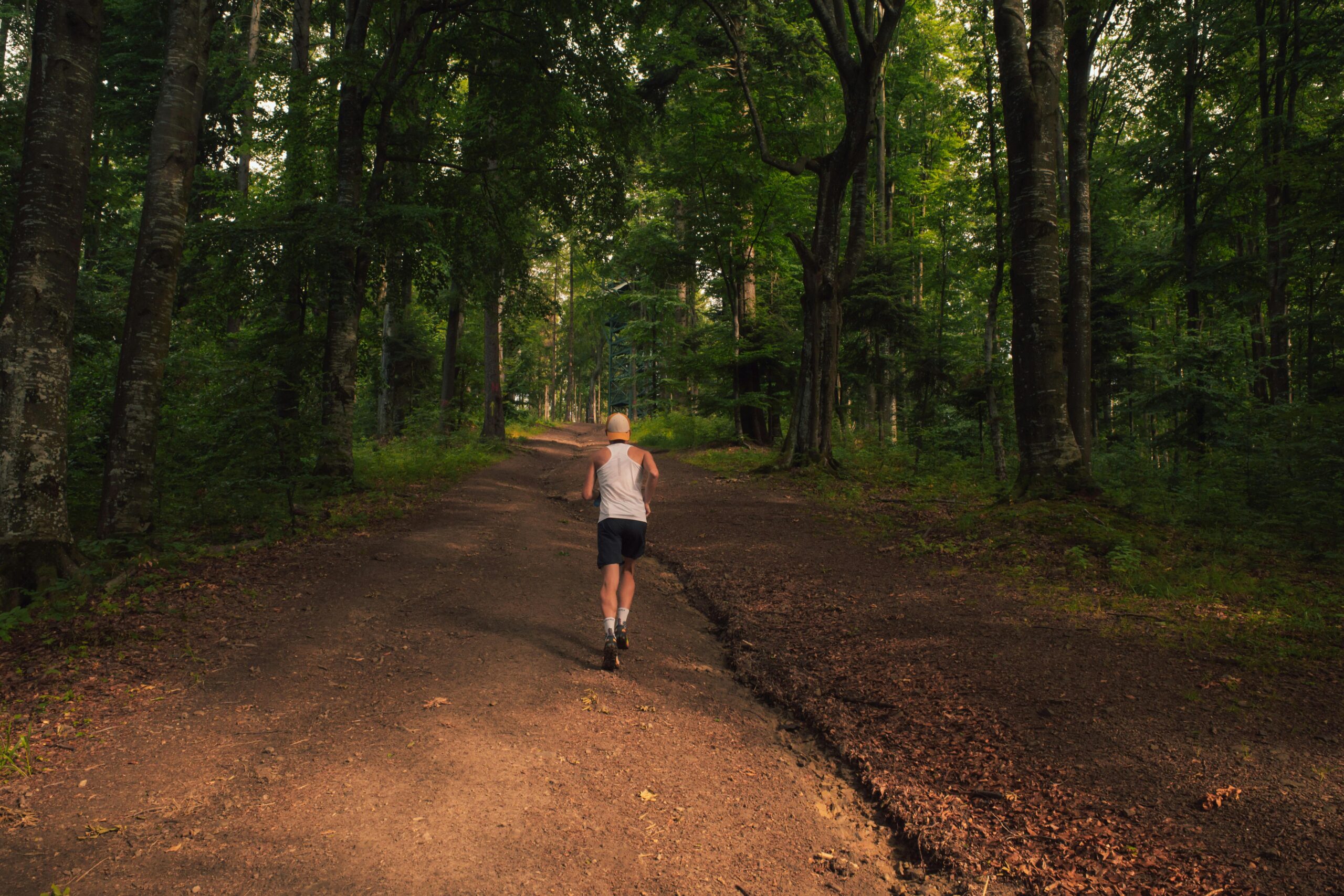 A person jogging on a dirt path through a lush green forest, captured during the day.